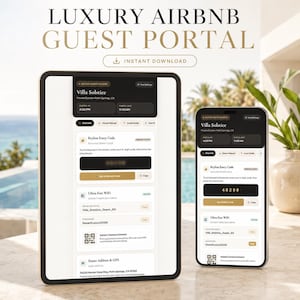 May include: A tablet and a smartphone displaying a digital Luxury Airbnb Guest Portal interface. The screens show Villa Solstice details, including check-in and check-out times, a keyless entry code, ultra-fast WiFi credentials, and a QR code.