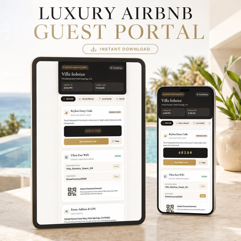 May include: A tablet and a smartphone displaying a digital Luxury Airbnb Guest Portal interface. The screens show Villa Solstice details, including check-in and check-out times, a keyless entry code, ultra-fast WiFi credentials, and a QR code.