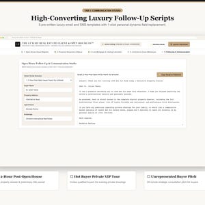 Pode incluir: Uma interface digital intitulada High-Converting Luxury Follow-Up Scripts com cinco modelos de e-mail e SMS pr&eacute;-escritos. A tela exibe um est&uacute;dio de acompanhamento e comunica&ccedil;&atilde;o com campos para nome do comprador, endere&ccedil;o e agente.