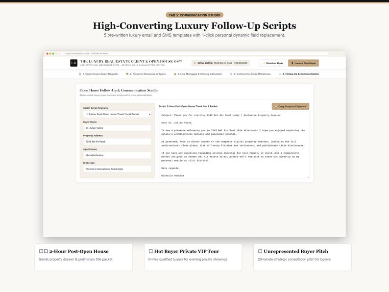 Pode incluir: Uma interface digital intitulada High-Converting Luxury Follow-Up Scripts com cinco modelos de e-mail e SMS pr&eacute;-escritos. A tela exibe um est&uacute;dio de acompanhamento e comunica&ccedil;&atilde;o com campos para nome do comprador, endere&ccedil;o e agente.