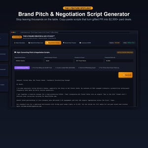 May include: A digital interface titled Brand Pitch & Negotiation Script Generator displaying a software dashboard. The screen shows a High-Converting Pitch & Negotiation Scripts section with input fields for brand names, contact persons, and proposed rates.