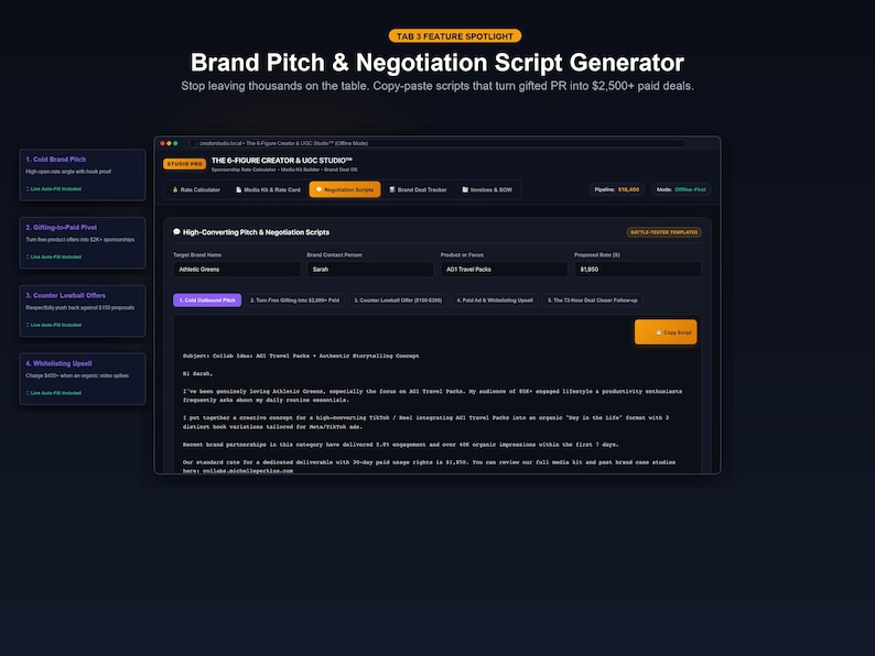 May include: A digital interface titled Brand Pitch & Negotiation Script Generator displaying a software dashboard. The screen shows a High-Converting Pitch & Negotiation Scripts section with input fields for brand names, contact persons, and proposed rates.