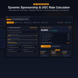 May include: A digital interface titled Dynamic Sponsorship & UGC Rate Calculator featuring a dark theme with orange accents. The dashboard displays input fields for audience metrics, engagement rates, and campaign deliverables, alongside a calculated brand quote of $3,053.