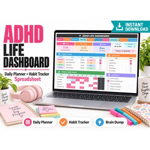 ADHD Life Dashboard Spreadsheet for Excel | Neurodivergent Daily Planner, Brain Dump, Habit & Focus Tracker