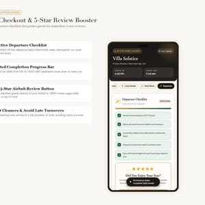 May include: A smartphone screen displays a Villa Solstice departure checklist app with a 100% progress bar, five-star review prompt, and task list. Text includes 1-Click Checkout & 5-Star Review Booster, Interactive Departure Checklist, and Direct 5-Star Airbnb Review Button.