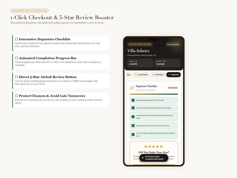 May include: A smartphone screen displays a Villa Solstice departure checklist app with a 100% progress bar, five-star review prompt, and task list. Text includes 1-Click Checkout & 5-Star Review Booster, Interactive Departure Checklist, and Direct 5-Star Airbnb Review Button.