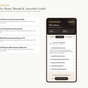May include: An interactive house manual and amenities guide displayed on a smartphone screen and as a list. The interface shows Villa Solstice details, check-in times, and categories for climate control, pool instructions, sound systems, and estate etiquette.