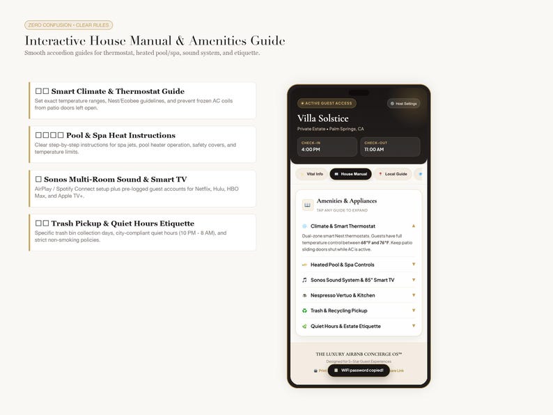 May include: An interactive house manual and amenities guide displayed on a smartphone screen and as a list. The interface shows Villa Solstice details, check-in times, and categories for climate control, pool instructions, sound systems, and estate etiquette.