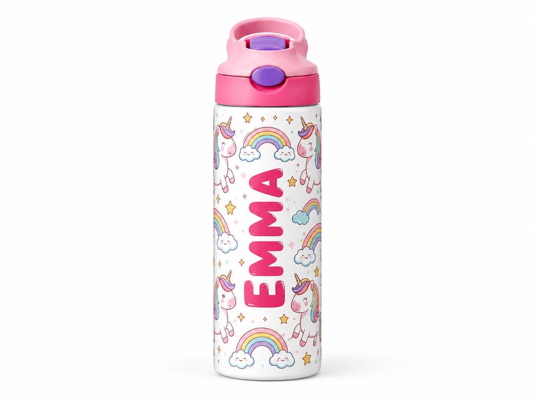 Personalized Unicorn Kids Water Bottle | Custom Name Rainbow Tumbler ...