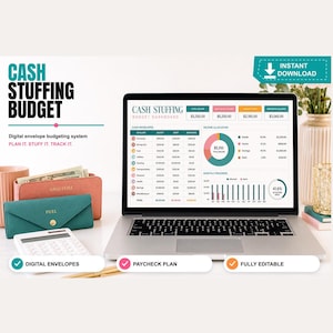 May include: A digital cash stuffing budget dashboard displayed on a laptop screen, featuring tables, a pie chart, and bar graphs. Beside the laptop are two textured envelopes labeled Groceries and Fuel, a white calculator, and a pen.
