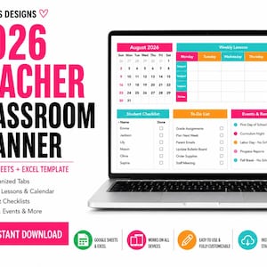 Puede incluir: Un portátil que muestra un planificador de aula para profesores de 2026. El planificador incluye un calendario de agosto, una lista de verificación de estudiantes, una lista de tareas y una sección de eventos y recordatorios. El diseño es en rosa, negro y turquesa.