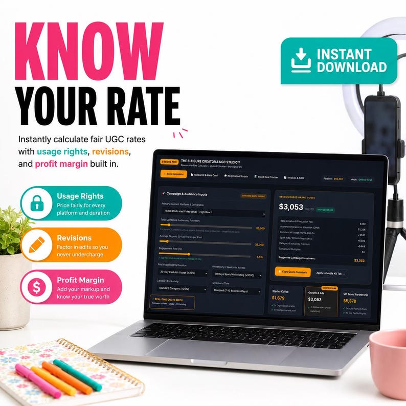 UGC Rate Calculator & Media Kit Generator | Creator Sponsorship Pricing Brand Deal Tracker Influencer Rate Card Pitch Contract Invoice image 2