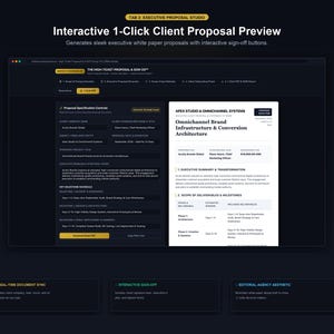 May include: A digital interface displaying an interactive client proposal preview. The dark-themed dashboard features proposal specification controls, a key milestone schedule, and a white document preview titled Omnichannel Brand Infrastructure & Conversion Architecture. Includes buttons for PDF generation and sign-off.