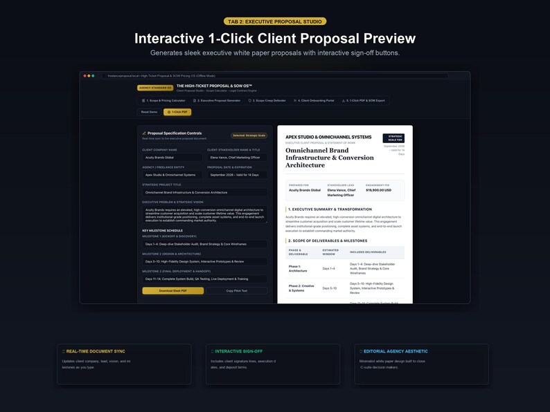 May include: A digital interface displaying an interactive client proposal preview. The dark-themed dashboard features proposal specification controls, a key milestone schedule, and a white document preview titled Omnichannel Brand Infrastructure & Conversion Architecture. Includes buttons for PDF generation and sign-off.