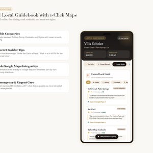 May include: A smartphone screen displaying a digital guidebook interface titled Villa Solstice, featuring filterable categories for coffee, dining, and cocktails, with integrated Google Maps links and host-provided insider tips for local recommendations.