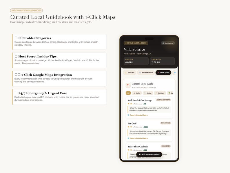 May include: A smartphone screen displaying a digital guidebook interface titled Villa Solstice, featuring filterable categories for coffee, dining, and cocktails, with integrated Google Maps links and host-provided insider tips for local recommendations.