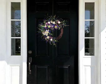 19.6in Lavender Spring Wreath for Front Door, Farmhouse Door Decor, Handmade Artificial Flower Wreath, Housewarming Gift, Mother's Day Gift