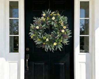 17.7in Spring Wreath for Front Door, Farmhouse Style, Indoor Outdoor Decor, Artificial Flower Wreath, House Warming Gift, Mother's Day Gifts