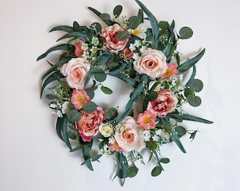 17.7in Summer Floral Wreath for Front Door, Pink Rose Greenery Wreath, Farmhouse Door Decor, Handmade Outdoor Wreath, Housewarming Gift