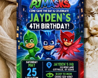 NIGHT HEROS night squad Birthday Party Invitation: Kids SUPERHERO Invite, Editable Cartoon Theme Printable Birthday Card