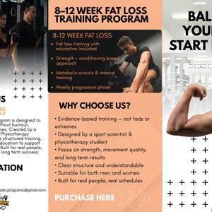 Könnte beinhalten: Werbung für ein Fitnessprogramm mit dem Text "8-12 WEEK FAT LOSS TRAINING PROGRAM". Die Broschüre enthält Bilder von Menschen beim Training und Text, der die Vorteile des Programms beschreibt, wie strukturiertes Training und nachhaltige Ergebnisse.