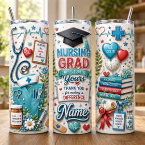 May include: Three white stainless steel tumblers with straws, decorated with medical-themed graphics. One tumbler features a stethoscope, the second says "Nursing Grad," and the third has books and a diploma. The tumblers are adorned with hearts, stars, and medical symbols.
