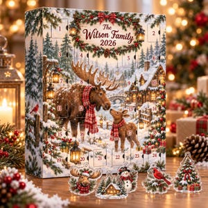Personalized Moose Advent Calendar, 24 Double-Sided Acrylic Ornaments, Christmas Countdown Box