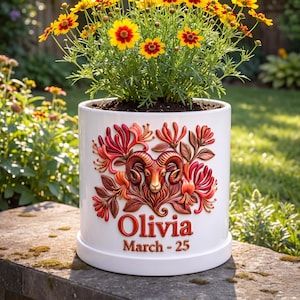 Personalized Aries Ram Zodiac Plant Pot, Honeysuckle Flower Garden Decor