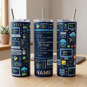 May include: Three navy blue insulated tumblers with silver straws. Each tumbler features a design with computer code, icons, and the word "NAME". The design includes laptops, keyboards, and programming symbols. The tumblers are on a wooden surface.