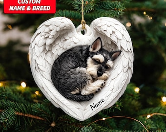 Personalized Miniature Schnauzer Ornament, Angel Wings Dog Keepsake, Custom Name Christmas Tree or Car Gift for Schnauzer Fans