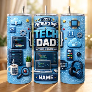 Peut inclure: Un gobelet en acier inoxydable bleu avec une paille, orné d'un motif "Bonne fête des pères". Le gobelet est décoré de graphismes sur le thème de la technologie, notamment du code, un ordinateur portable et les mots "Tech Dad".