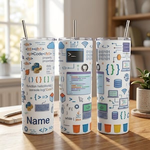 May include: Three white stainless steel tumblers with silver straws. Each tumbler is decorated with a programming theme, featuring code snippets, icons, and the word "Name". The designs include Python, Java, and other coding elements.