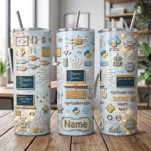 May include: A light blue tumbler with a straw, featuring a gold and blue circuit board design with coding symbols, a laptop, and the text "Name". The tumbler is designed for programmers and coders.