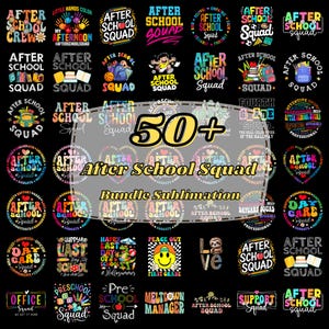 Puede incluir: Una colección digital de más de 50 diseños de sublimación con el texto After School Squad, Day Care Squad y Preschool Squad. Los gráficos incluyen tipografía colorida, caras sonrientes, útiles escolares y varias ilustraciones sobre un fondo negro.