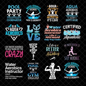 May include: A collection of aqua aerobics-themed designs on a black background. The designs feature text and graphics related to water aerobics, including phrases like "Pool Party Coordinator" and "Aqua Aerobics Instructor."