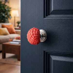 Może przedstawiać: Czerwona, teksturowana gałka do drzwi ze srebrną podstawą zamontowana na ciemnoniebieskich drzwiach. Drzwi są częściowo otwarte, ukazując fragment salonu z sofą i drewnianym stolikiem kawowym. Gałka ma unikalny, dekoracyjny design.