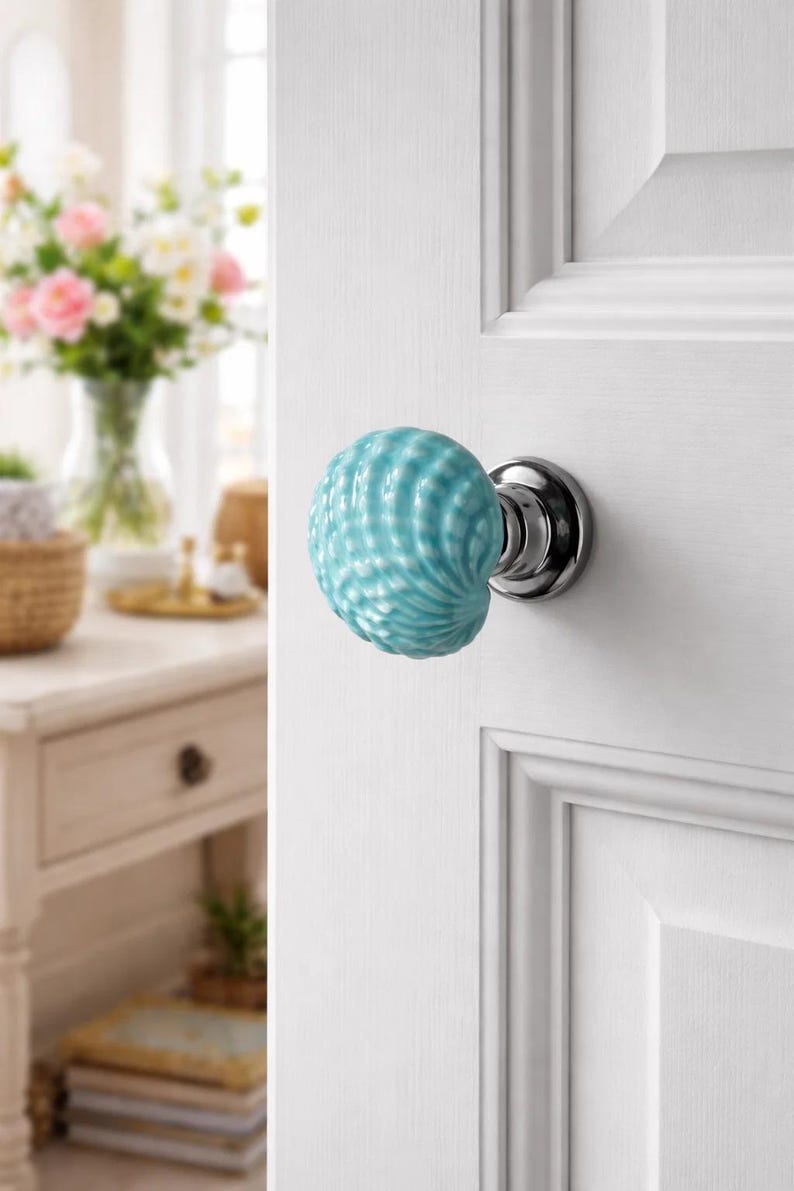 Może przedstawiać: Zbliżenie białych drzwi z dekoracyjną, jasnoniebieską ceramiczną gałką. Gałka ma muszlowy wz&oacute;r i jest zamontowana na chromowanej podstawie. Drzwi są częścią pokoju z rozmytym tłem.