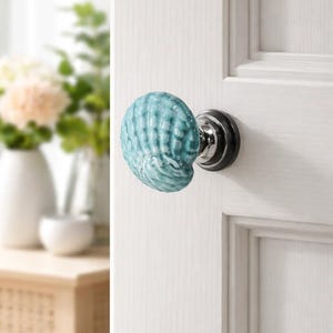 Może przedstawiać: Gałka do drzwi w kształcie muszli w odcieniach turkusu i bieli, zamontowana na białych drzwiach. Gałka ma chromowaną podstawę i czarną płytkę tylną. Drzwi są drewniane.