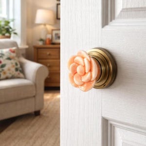May include: A peach-colored, flower-shaped door knob with a brass base is mounted on a white door. The knob's floral design adds a decorative touch to the door. The background shows a living room setting.