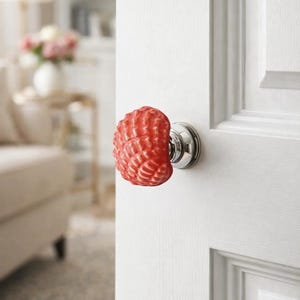 Może przedstawiać: Czerwona, teksturowana gałka do drzwi z motywem muszli. Gałka jest zamontowana na białych drzwiach ze srebrną podstawą. Tło jest rozmyte, ukazując fragment salonu.
