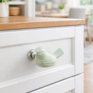 May include: A white kitchen cabinet with a light green bird-shaped ceramic drawer pull. The bird pull has a silver metal base. The cabinet has a wooden countertop. The drawer pull is a decorative element.