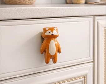 Puxador de gaveta de cerâmica em formato de raposa fofa – Puxador criativo de desenho animado de animal para armário, porta de guarda-roupa, puxador de móveis de cerâmica feito à mão para decoração de casa