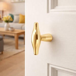 May include: A polished gold door handle with a distinctive, elongated shape. The handle is fixed to a white door with panel detailing. The background is a blurred view of a living room.