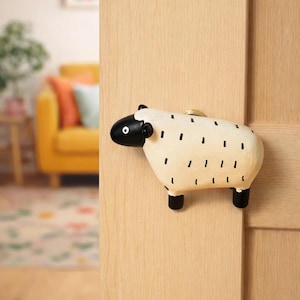 May include: A cream-colored sheep-shaped door knocker with a black head, ears, and legs. The sheep has black dashes on its body and is mounted on a light wood door. The door knocker adds a whimsical touch to any entryway.