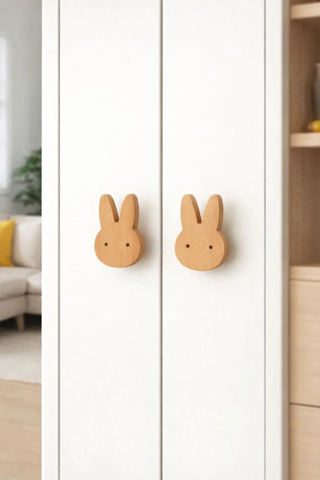 Solid Wood Bunny Drawer Pull | Natural Wooden Rabbit Cabinet Handle ...