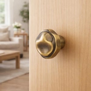 May include: A bronze-colored door knob with an organic, textured design. The knob is mounted on a light-colored wooden door, with a blurred living room scene in the background. The knob's shape is irregular and has a vintage aesthetic.