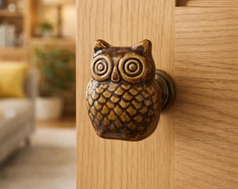 Perilla de cerámica con forma de búho para gabinete, tirador para cajón de habitación infantil, manija de cerámica de un solo orificio para muebles, perilla de tocador para guardería, tirador decorativo para puerta.