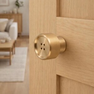 May include: A close-up of a brass door knob with a button-like design. The knob is mounted on a light-colored wooden door. The knob has four small holes in the center.
