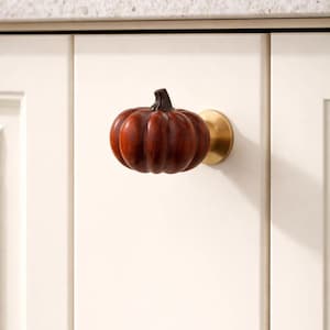 Puede incluir: Un tirador decorativo para armario con forma de calabaza, hecho de madera marrón rojiza oscura. El tirador de calabaza está montado sobre una base circular dorada. El tirador está fijado a una puerta de armario blanca.