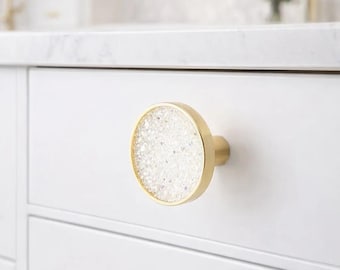 Round Crystal Cabinet Knob | Modern Minimalist Gold Drawer Pull | Clear Diamond Knob for Cabinet, Wardrobe, Furniture Door Handle